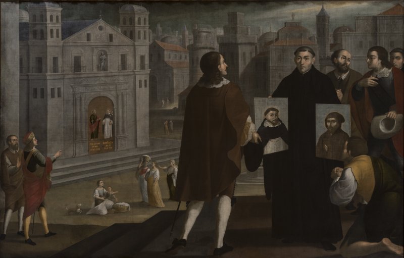  Dipinto di Gregorio Vasquez de Arce y Ceballos che ritrae Gioacchino da Fiore che mostra i ritratti di San Domenico di Guzmán e San Francesco d’Assisi. 